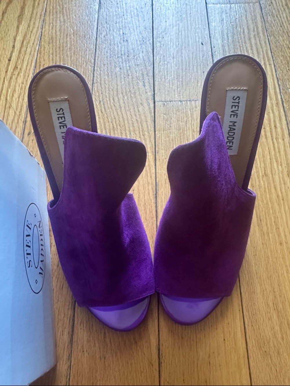 Steve Madden Purple Suede Peep-Toe Stiletto Mules - Picture 2 of 6